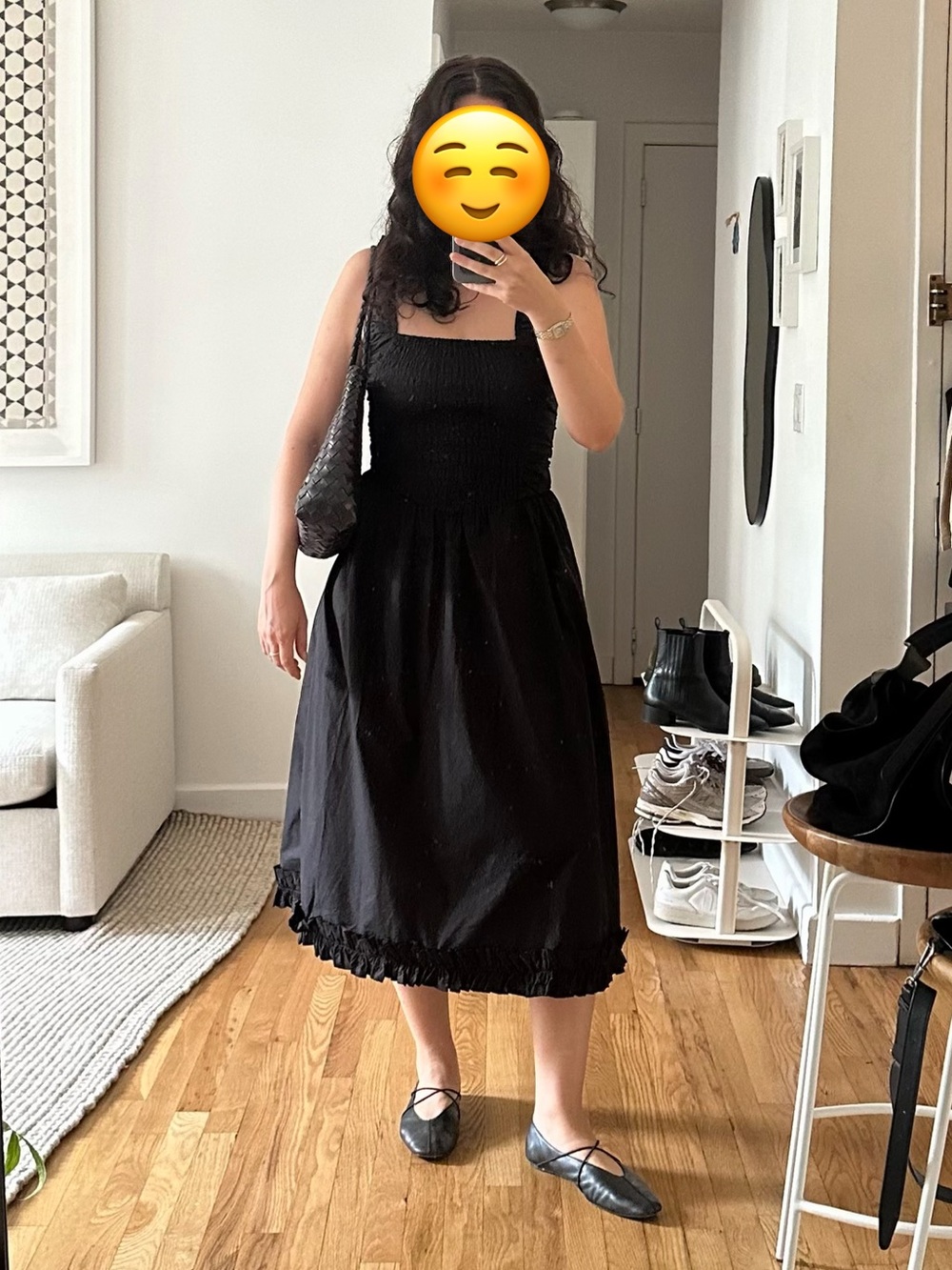 GANNI Black Cotton Poplin Midi Strap Smock Ruffle Hem Dress